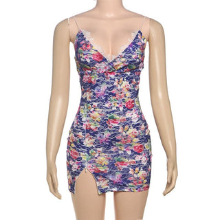 V neck lace flower print cami mini dress