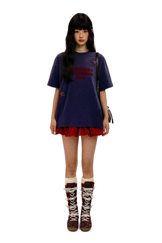 [Moromoro2] Embroidered Star Patch Distressed  T-shirt