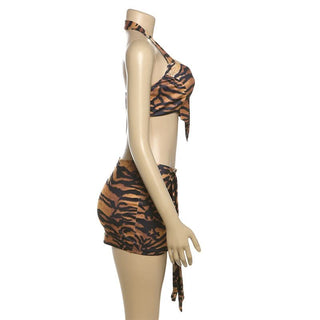 Halter tiger print crop mini skirt set