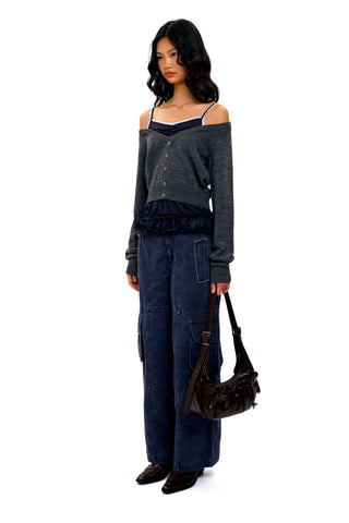 [Moromoro2] Faux Layered Off-Shoulder  Cardigan