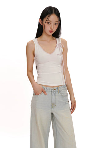 [moromoro2] ontrast-Edge Bow Strap Cami Top
