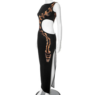 Sleeveless crewneck snake print hollow out slit cut out maxi dress