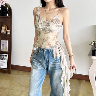 Flower print mesh ruffle cami top