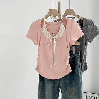 Fake Two-piece Hanging Neck Bow Pleated op