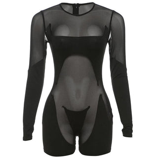 Long sleeve crewneck mesh patchwork zip-up romper