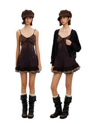 [Moromoro2] Star Polka Dot Mesh Fur Trim Cami  Dress