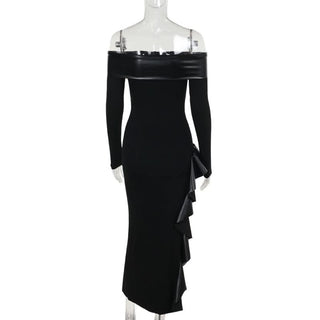 Off shoulder long sleeve PU leather slit ruffle maxi dress