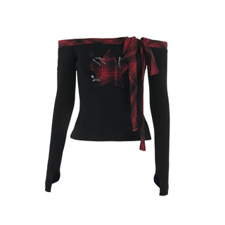 Off shoulder long sleeve plaid star pattern top