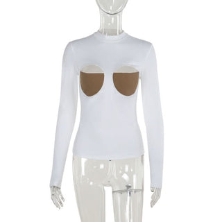 Long sleeve crewneck patchwork hollow out cut out top