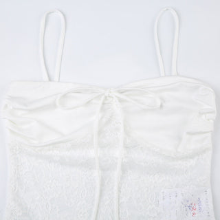 Lace solid self tie ruched backless cami top