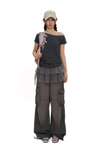 [moromoro2] Striped Wide Neckline T-shirt