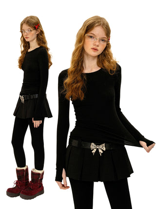 [Moromoro2] Lace Trim Slim Fit Long Sleeve Base  Tee