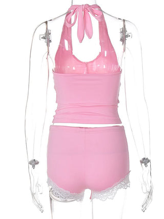 Ruched halter self tie lace hem u neck pant set