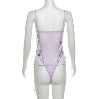 Flower embroidery bowknot mesh lace up cami bodysuit