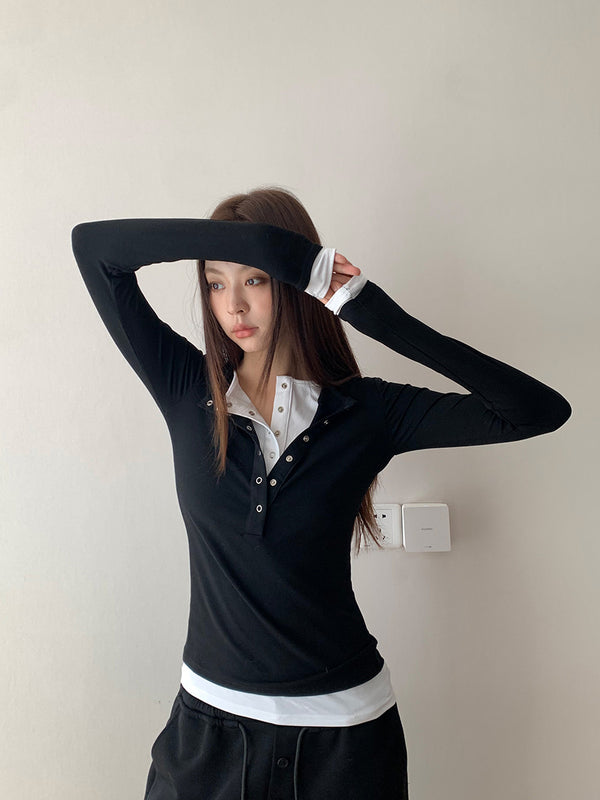 Fake Two-Piece Slim Fit Long-Sleeve T-Shirt