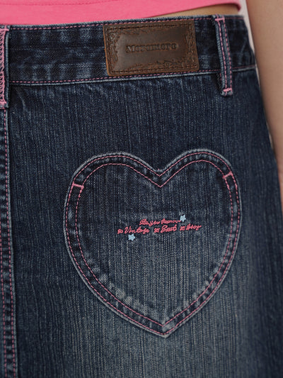 [moromoro2] Pink Stitching Heart Pocket Denim Mid  Skirt