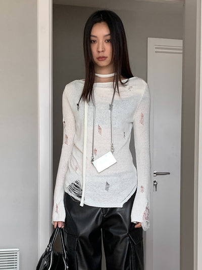 [See-through] retro Slim fit hollow ripped top