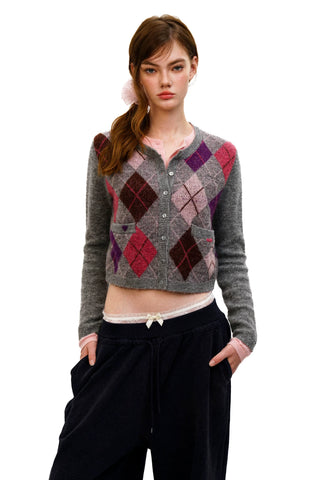[Moromoro2] Gray Pink Diamond Cardigan