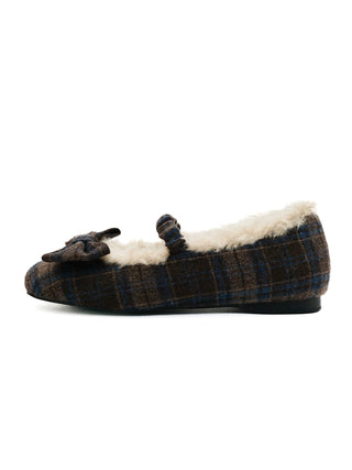 [Moromoro2] Plaid Bow Fur-Lined Ballet  Flats