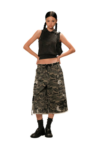 [Moromoro2] Distressed Camouflage Capri  Pants