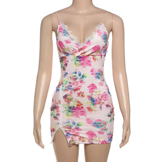 V neck lace flower print cami mini dress