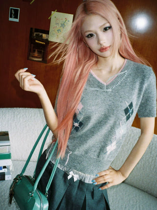 [Moromoro2] Argyle Short-sleeve Sweater