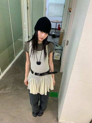 [NeverSeez] Mesh Layered Pleated Vest Dress