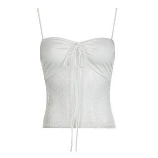 Lace solid self tie ruched backless cami top