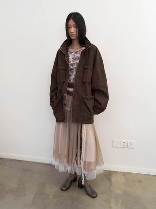 [NeverSeez] Rose Print Mesh Long Sleeve Top