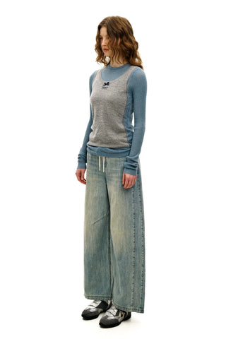 [Moromoro2] Slub Washed Curved Wide Pants