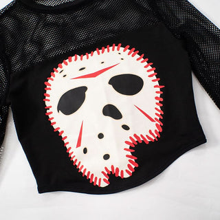 Long sleeve crewneck fishnet hole head pattern top