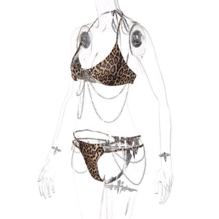 Halter self tie leopard print u neck metal chain pant set