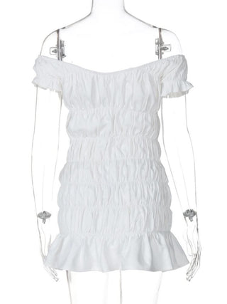 Ruched ribbon off shoulder v neck mini dress