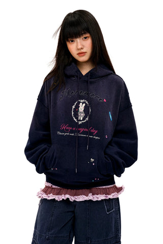 [Moromoro2] Embroidered Rabbit Hooded  Sweatshirt