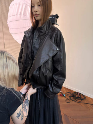 [NeverSeez] Stand Collar Asymmetrical PU Leather Jacket