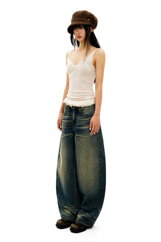 [Moromoro2] Distressed Curved Denim Pants