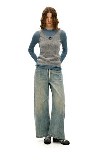 [Moromoro2] Slub Washed Curved Wide Pants