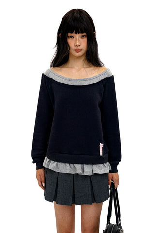 [Moromoro2] Faux Two-piece Off-shoulder Ruffle  Sweatshirt