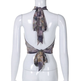 Halter beaded mesh self tie print backless top