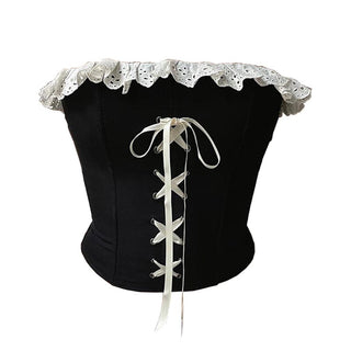 Ruffle lace up contrast backless tube top