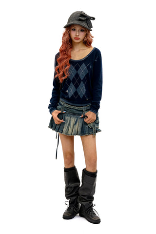 [Moromoro2] Argyle Faux Two-piece Sweater