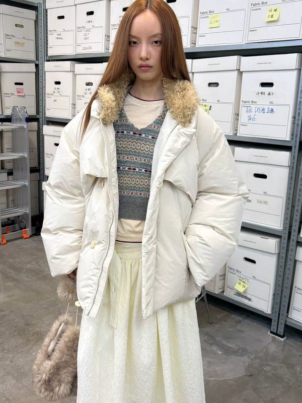 [NEVERSEEZ] Spliced Detachable Fur Collar Down Jacket