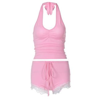 Ruched halter self tie lace hem u neck pant set