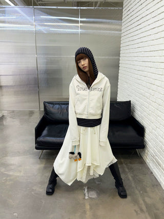 [NeverSeez] Lace Layered Knit Midi Skirt