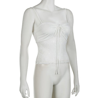 Lace solid self tie ruched backless cami top