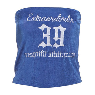 Letter embroidery backless tube top