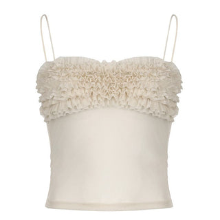 Ruched ruffle sheer mesh cami top