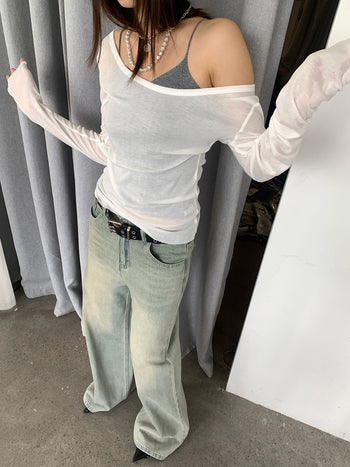 Washed retro distressed loose high waist jeans