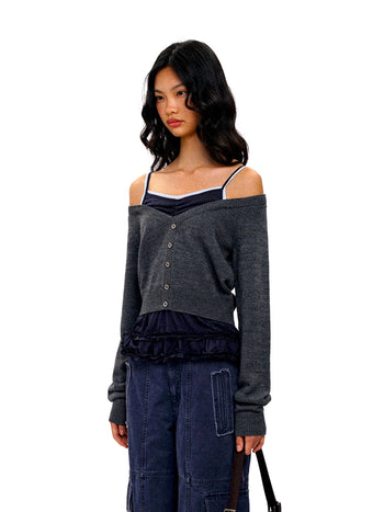 [Moromoro2] Faux Layered Off-Shoulder  Cardigan