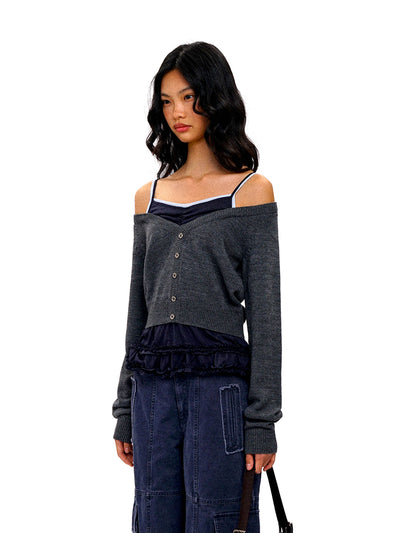 [Moromoro2] Faux Layered Off-Shoulder  Cardigan